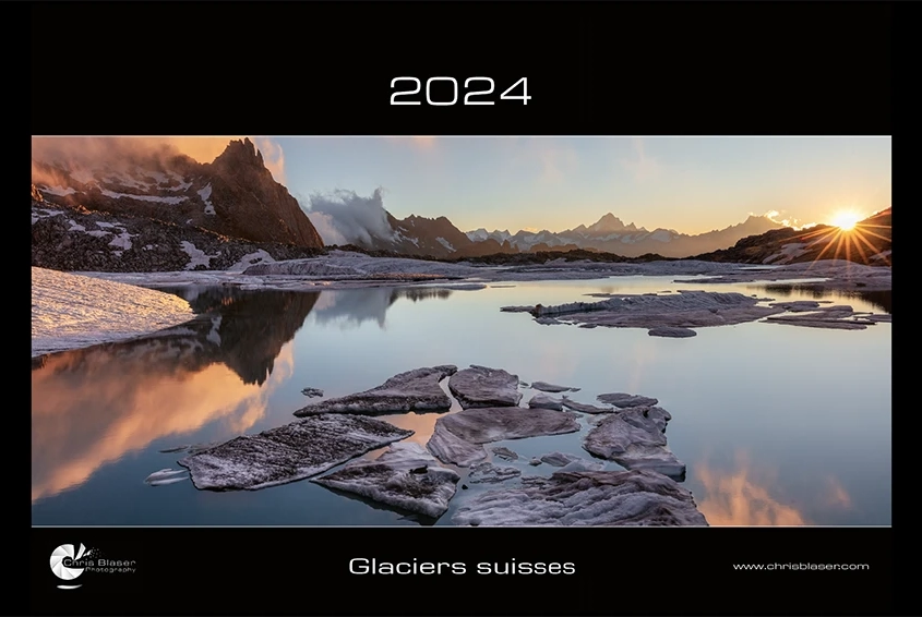 couverture du Calendrier 2024 "Glaciers suisses" de Chris Blaser avec le Chüebodengletcher au coucher du soleil